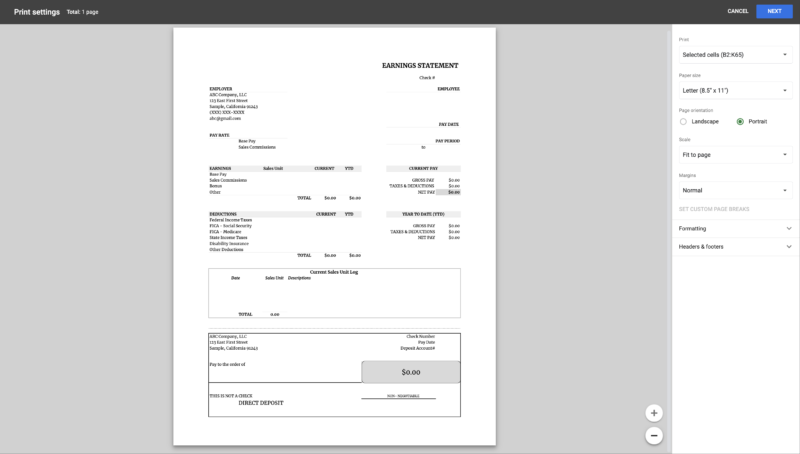 The sales commission earnings statement in the print settings window, ready to print on one page.